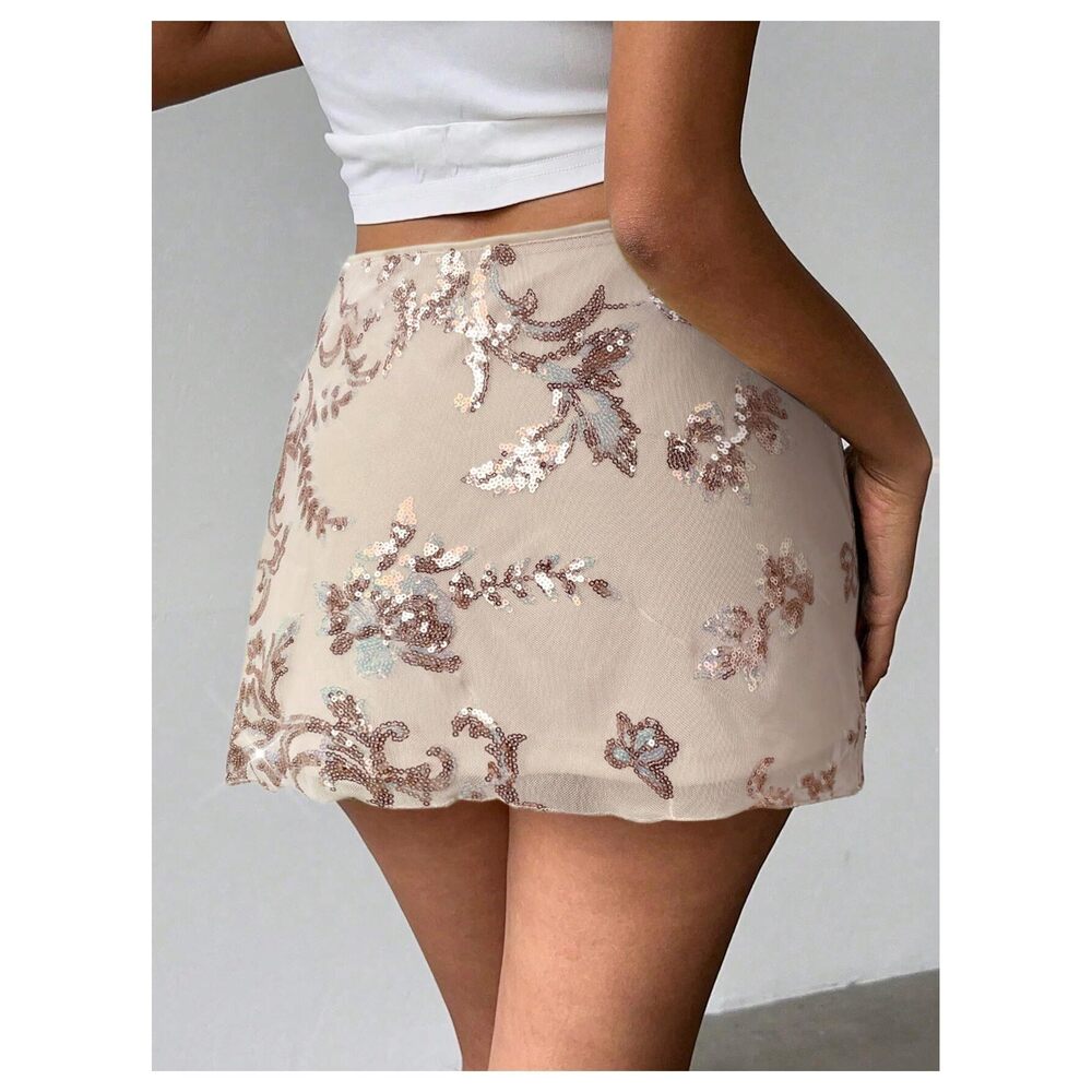 3308 Sequin Skirt Summer Floral Mesh Glitter Sparkly Mini Skirt Apricot - Picture 2 of 6